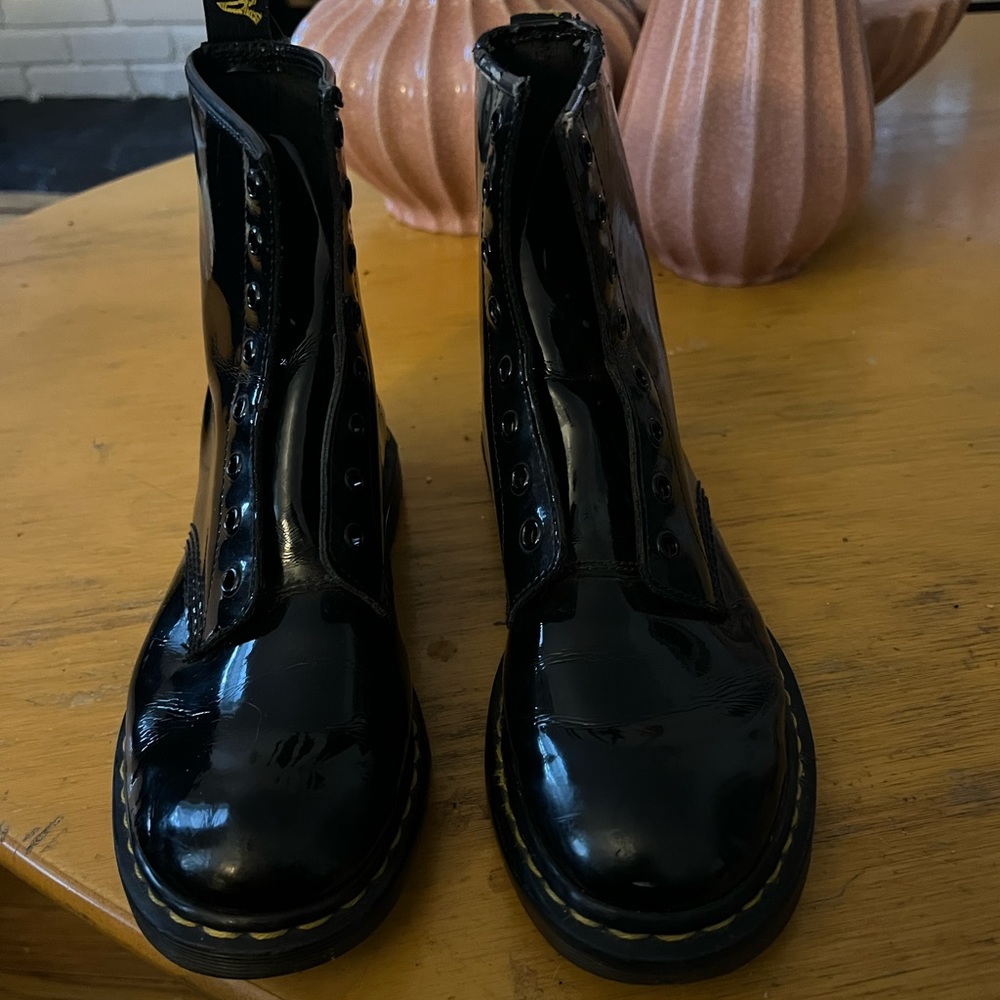 Genuine, doc Marten, black patent leather boots, women's size 8